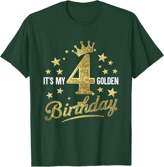 It's My 4th Golden Birthday 4 Year Old Bday Kids Groovy T-Shirt - T-Shirt | Forest
