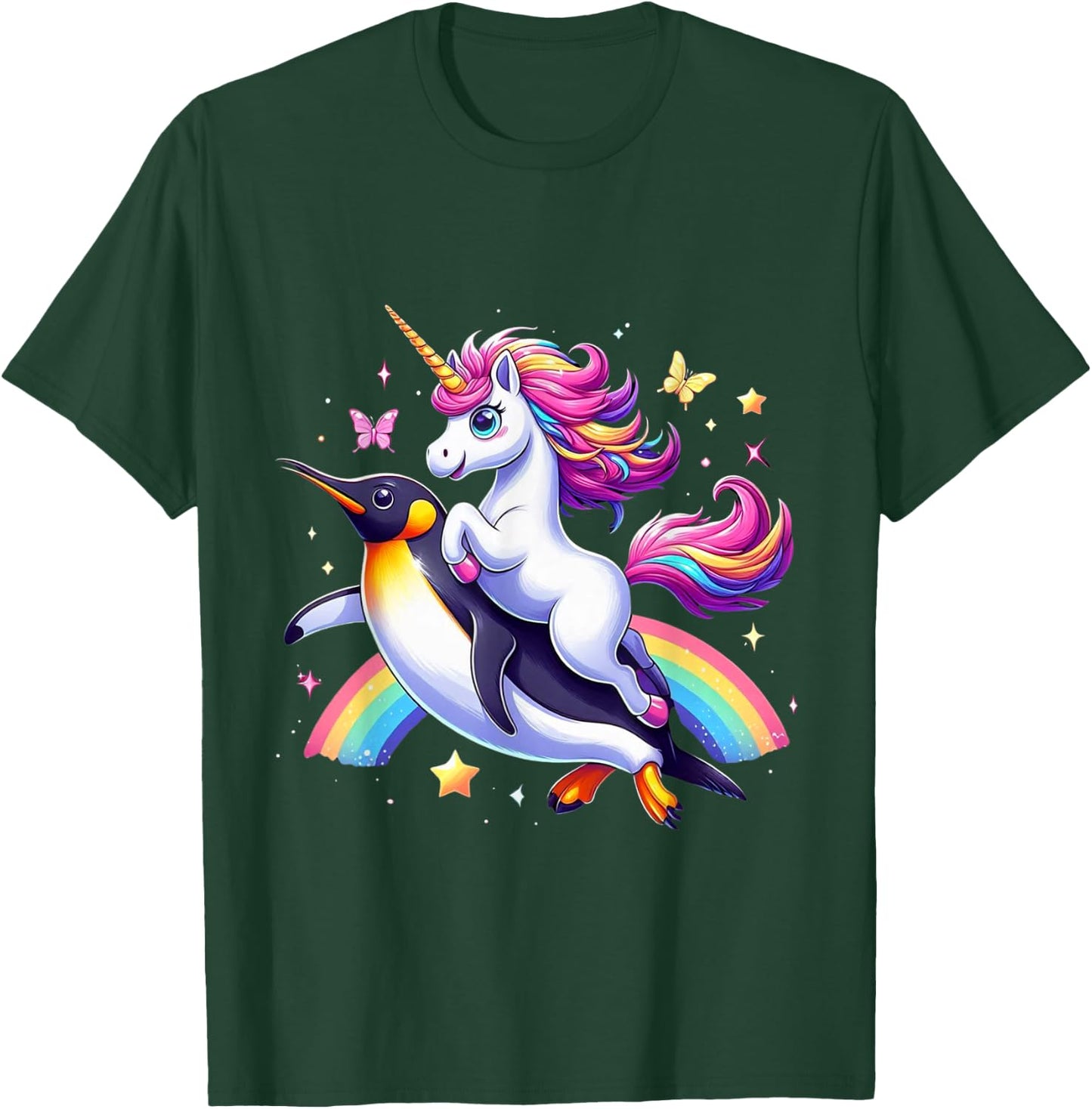 Unicorn Riding Penguin Boys Girls Men Women Kids Rainbow T-Shirt - T-Shirt | Forest