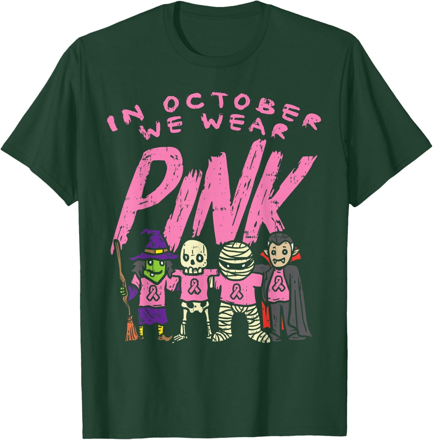 October We Wear Pink Witch Skeleton Halloween Breast Cancer T-Shirt - T-Shirt | Forest