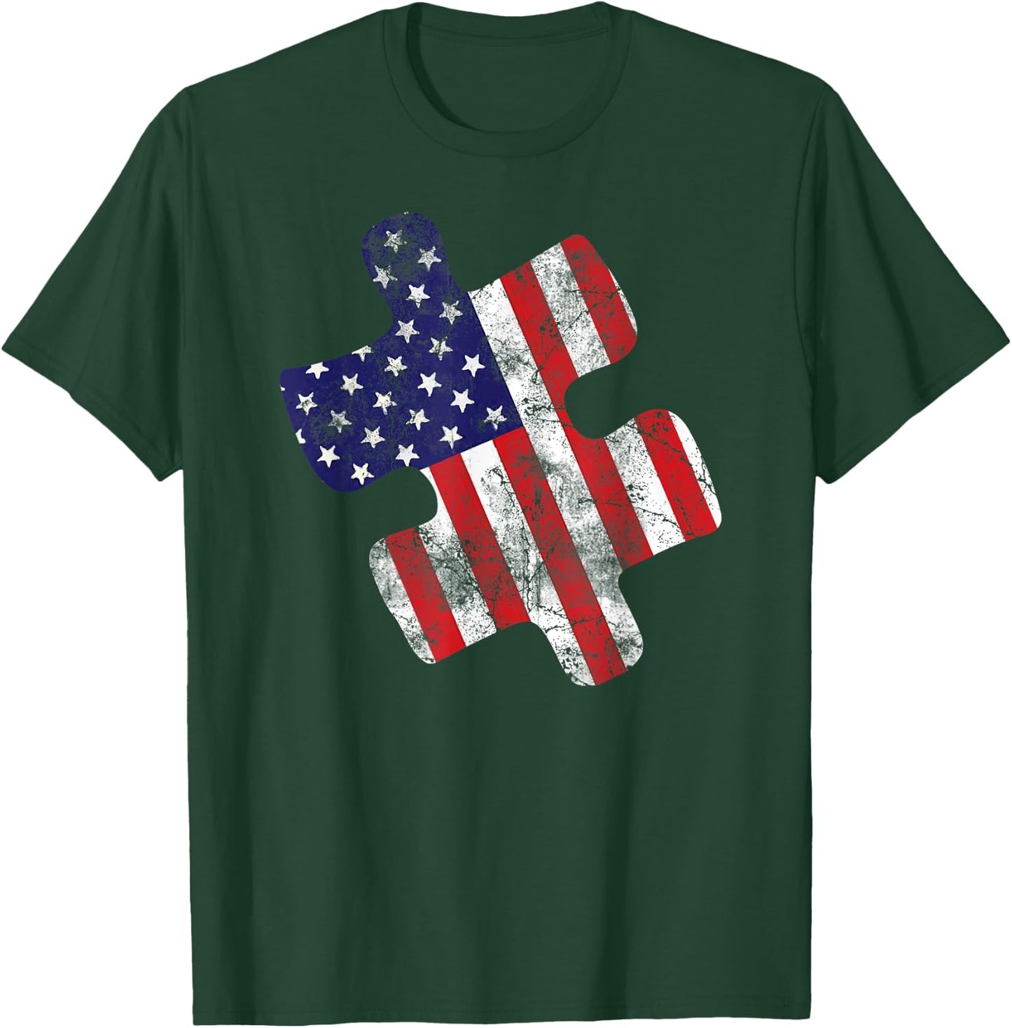Autism Awareness American Flag Vintage Puzzle Piece Gift T-Shirt - T-Shirt | Forest