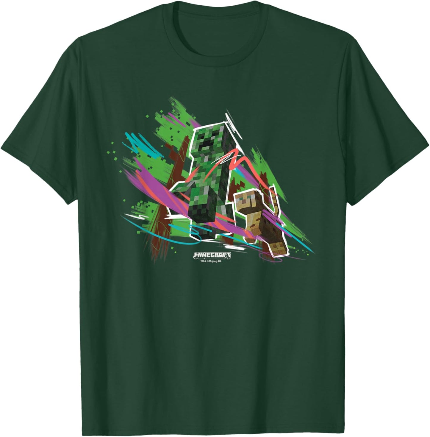 Minecraft Creeper Running from Cat Paint Brush Strokes Art T-Shirt - T-Shirt | Forest