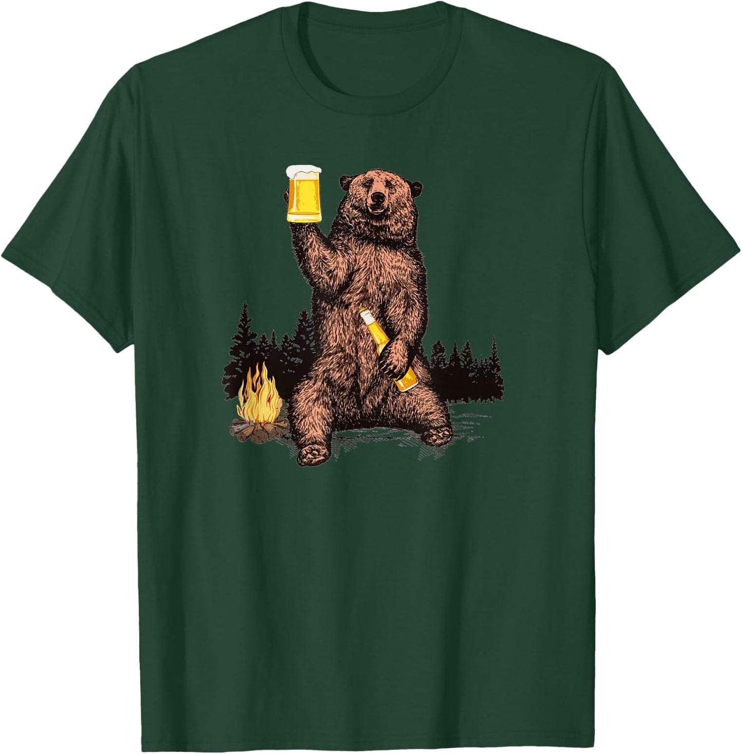Bear Drinking Beer Camp Fire Woods Outdoor Funny Grizzly T-Shirt - T-Shirt | Forest
