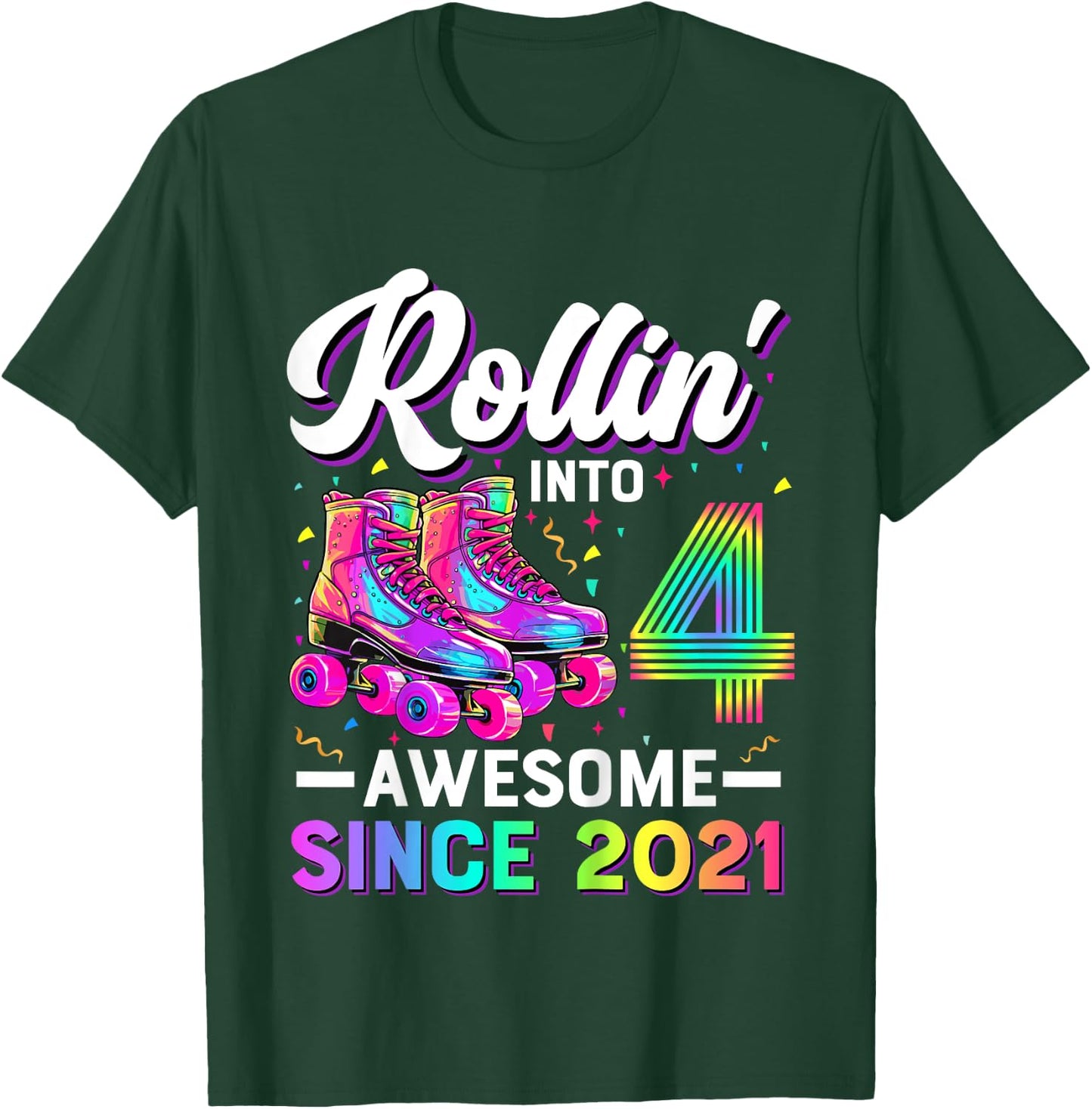 4th Birthday Shirt Girl Four 4 Year Old Roller Skate Skating T-Shirt - T-Shirt | Forest