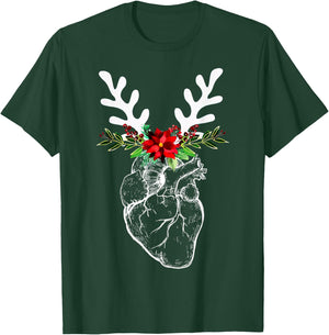 Anatomy Heart Floral Reindeer Christmas Cardiac Nurse T-Shirt - T-Shirt | Forest