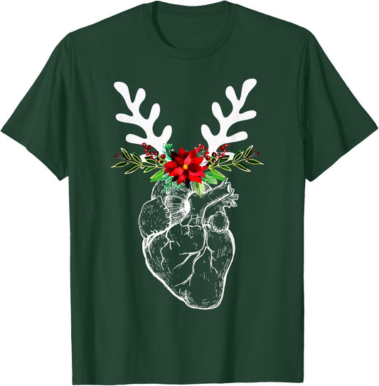 Anatomy Heart Floral Reindeer Christmas Cardiac Nurse T-Shirt - T-Shirt | Forest