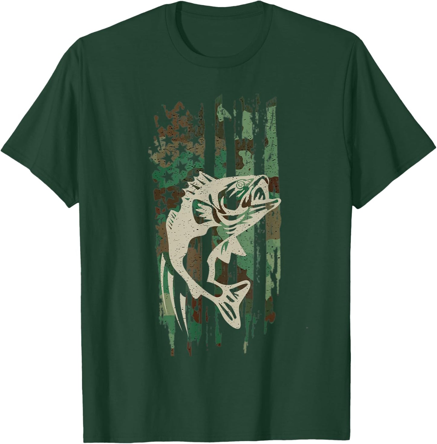 Camouflage American US Flag Bass Fishing Fisherman Men Boys T-Shirt - T-Shirt | Forest