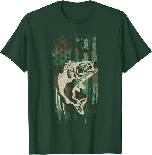 Camouflage American US Flag Bass Fishing Fisherman Men Boys T-Shirt - T-Shirt | Forest