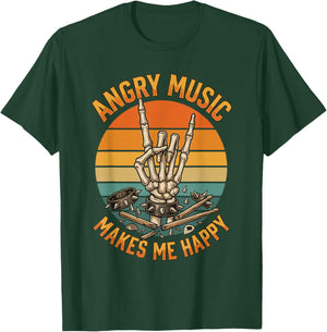 Angry Music Makes Me Happy Funny Skeleton Retro Rock On T-Shirt - T-Shirt | Forest