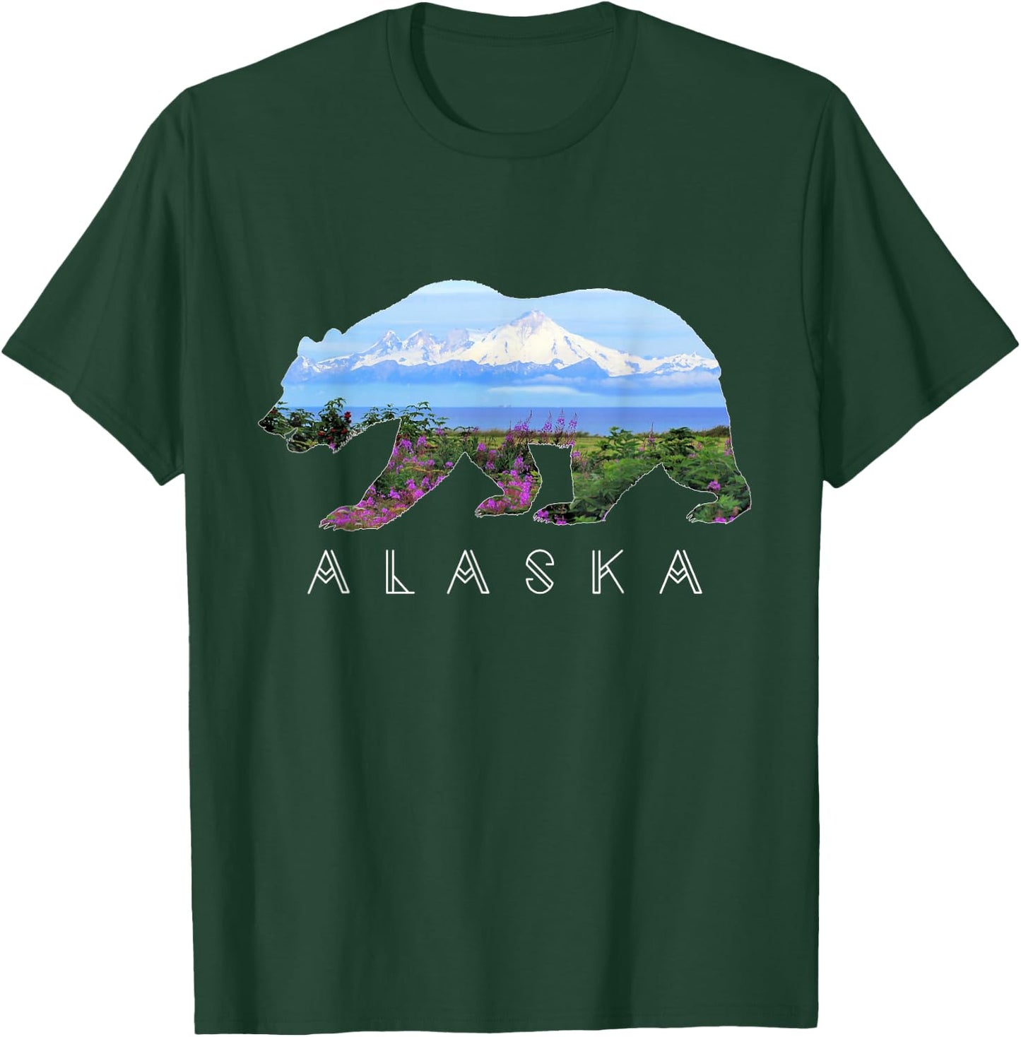 Alaskan Bear with Wildflowers & Mountain Snow T-Shirt - T-Shirt | Forest