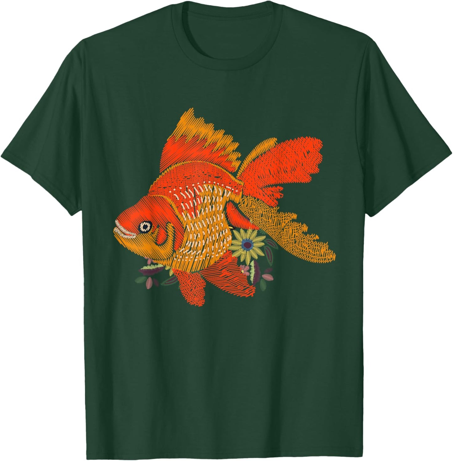 Japanese Goldfish - Vintage Floral Embroidery Look T-Shirt - T-Shirt | Forest