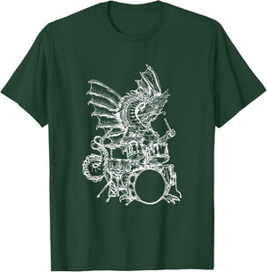 Dragon Playing Drums Cool Animal Funny Drummer Rock Musician T-Shirt - T-Shirt | Forest