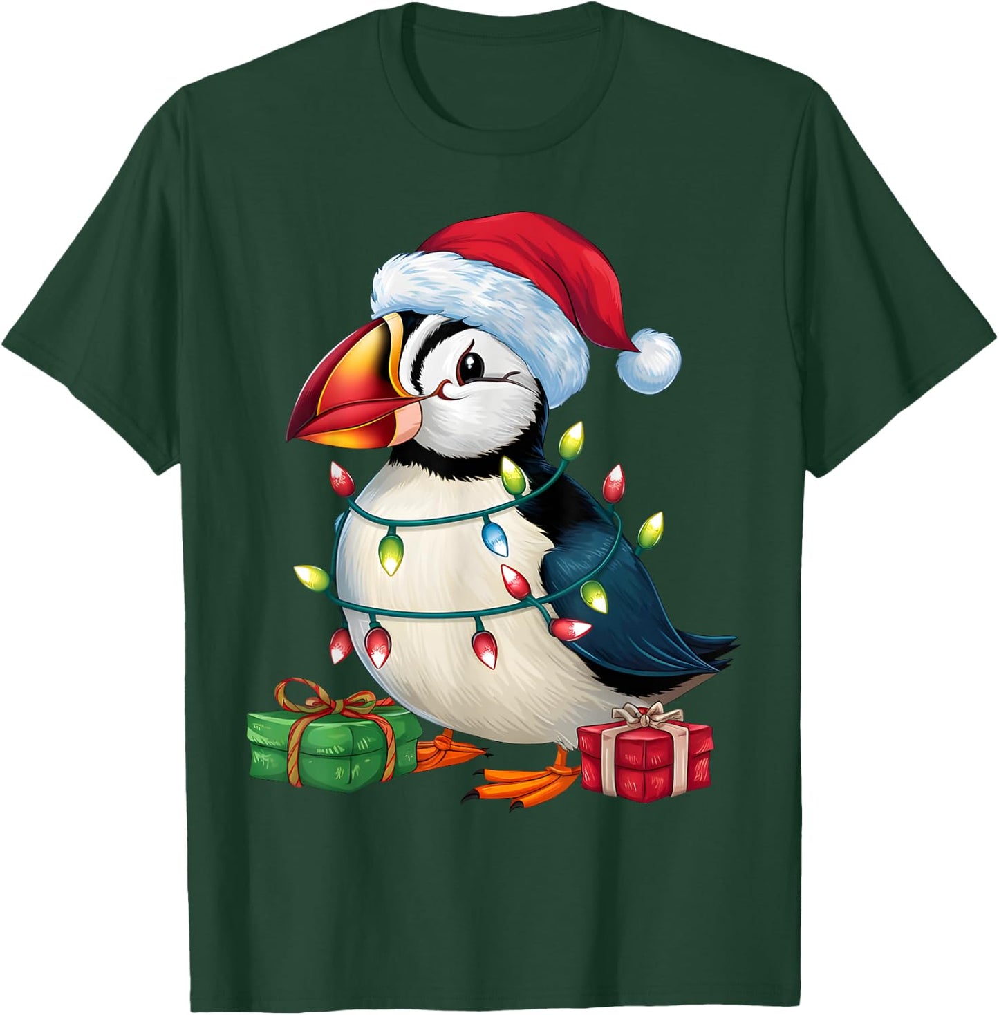 Puffin Bird Lover Xmas Lighting Santa Hat Puffin Christmas T-Shirt - T-Shirt | Forest