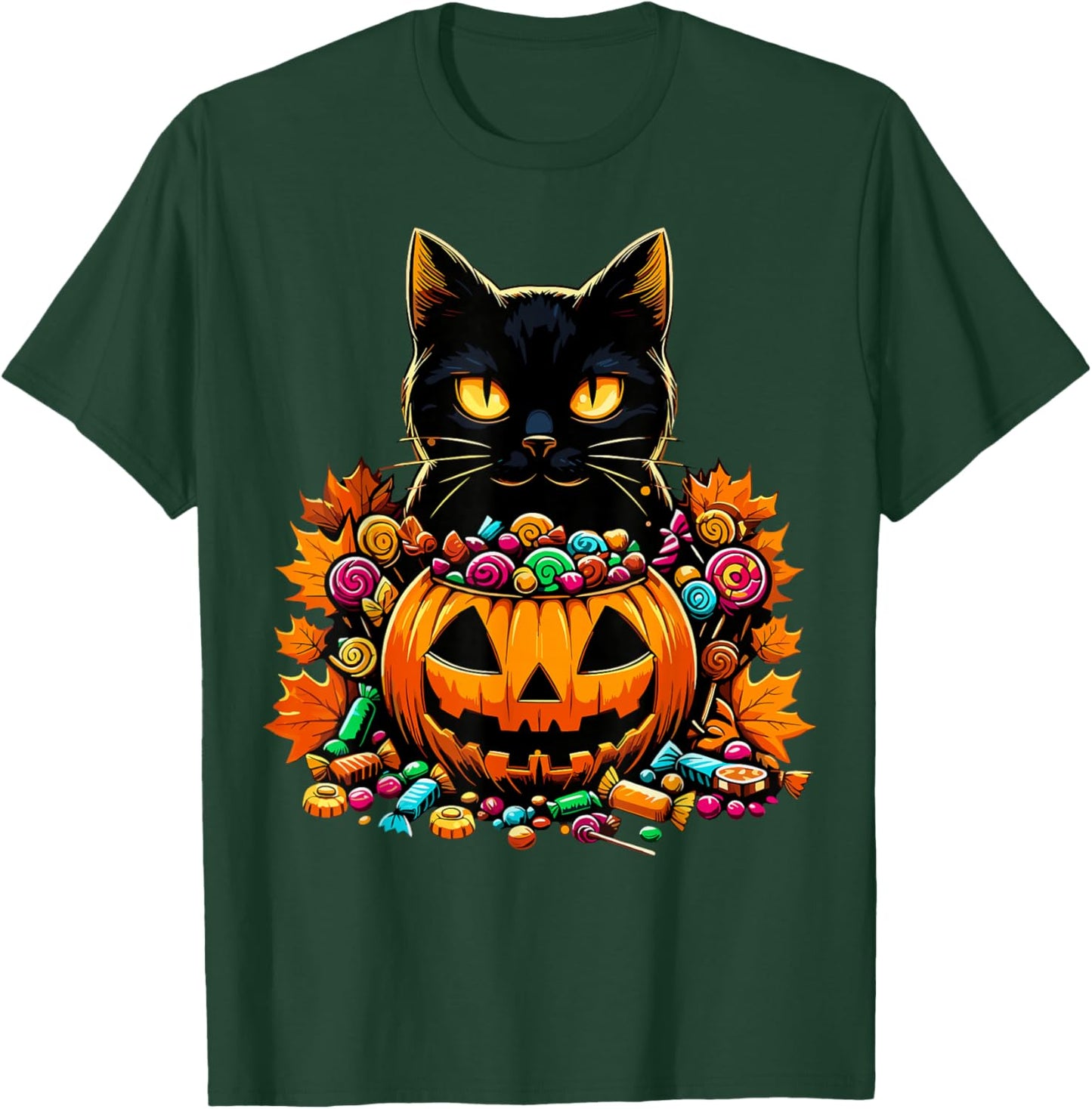 Halloween Black Cat Pumpkin Candy Autumn T-Shirt - T-Shirt | Forest