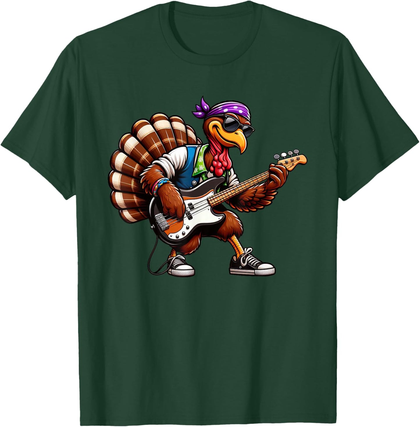 Funny Turkey Guitarist Thanksgiving Bass Guitar T-Shirt - T-Shirt | Forest