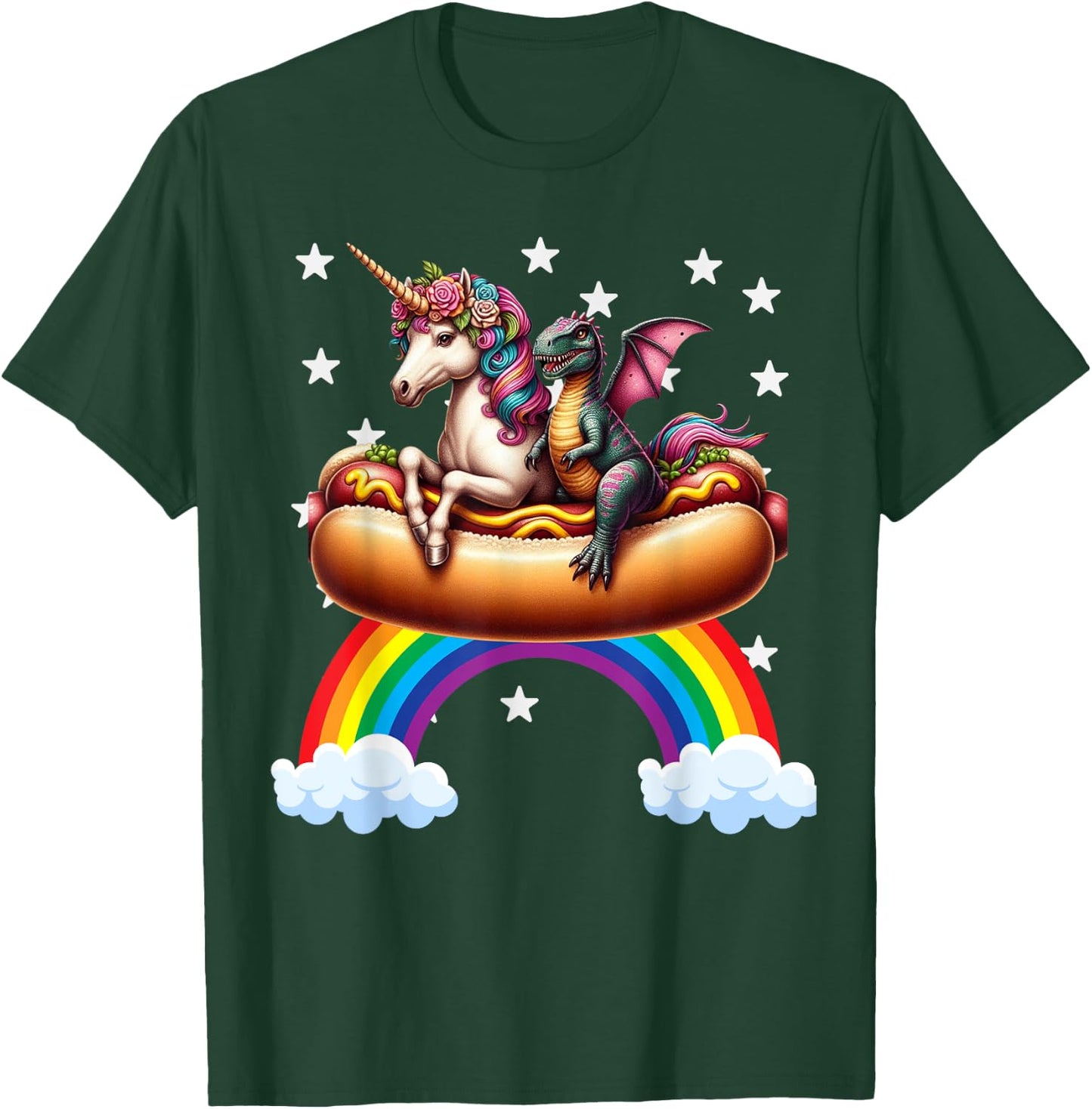 Unicorn Riding Hot Dog Boys Girls Women Kids Teens Dinosaur T-Shirt - T-Shirt | Forest