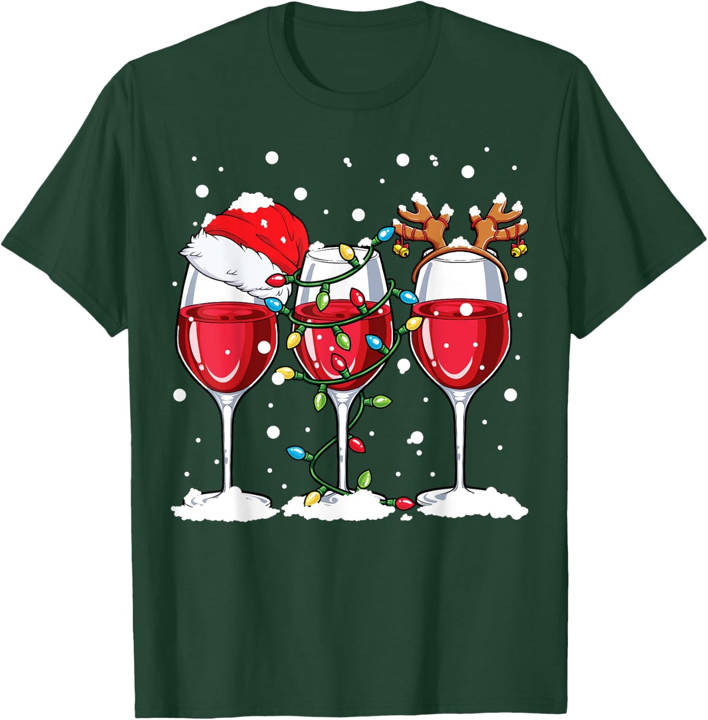 Wine Christmas Santa Hat Xmas Lights Reindeer Antlers Women T-Shirt - T-Shirt | Forest