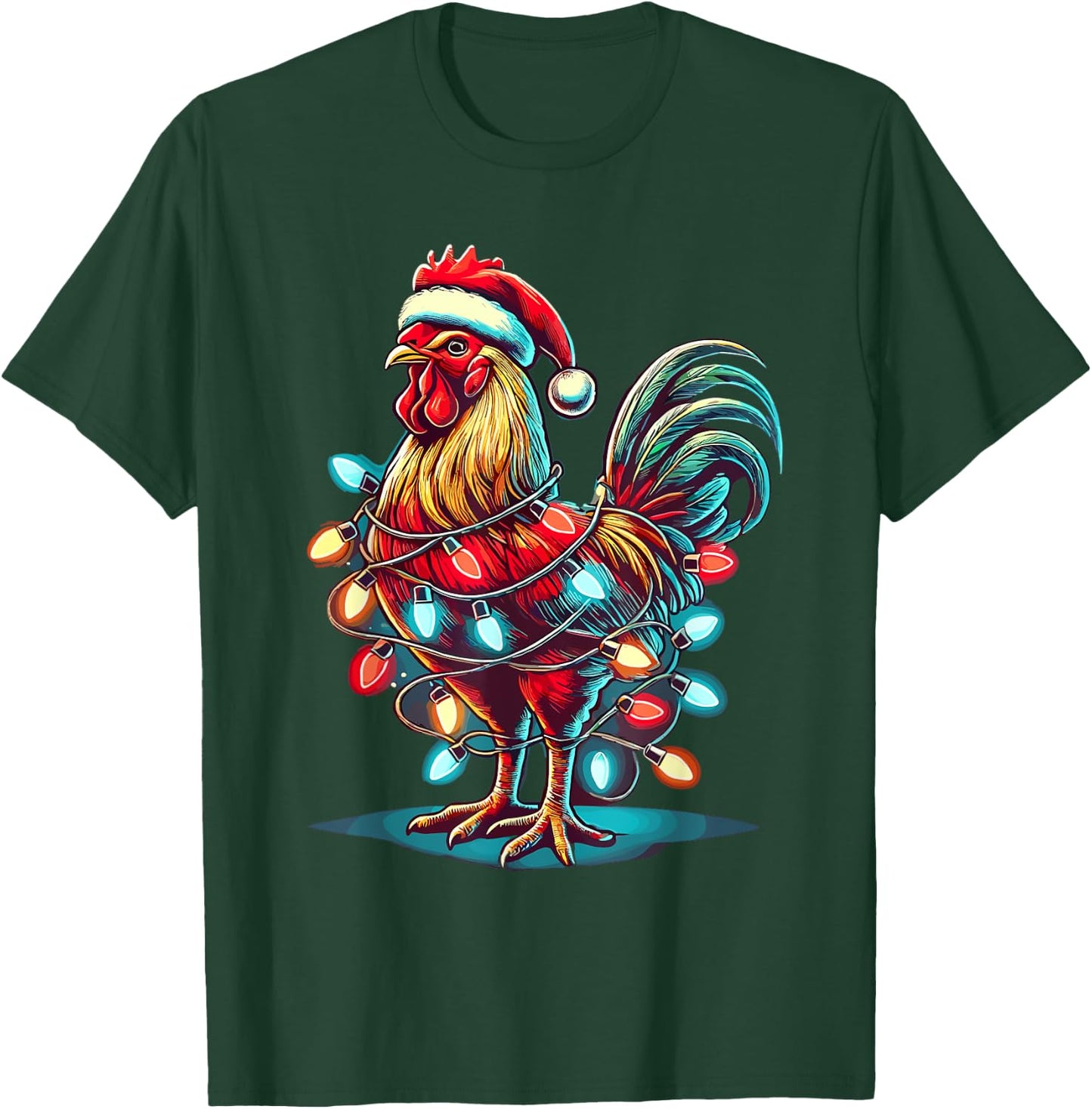 Chicken Santa Hat Christmas Lights Farmer Xmas T-Shirt - T-Shirt | Forest