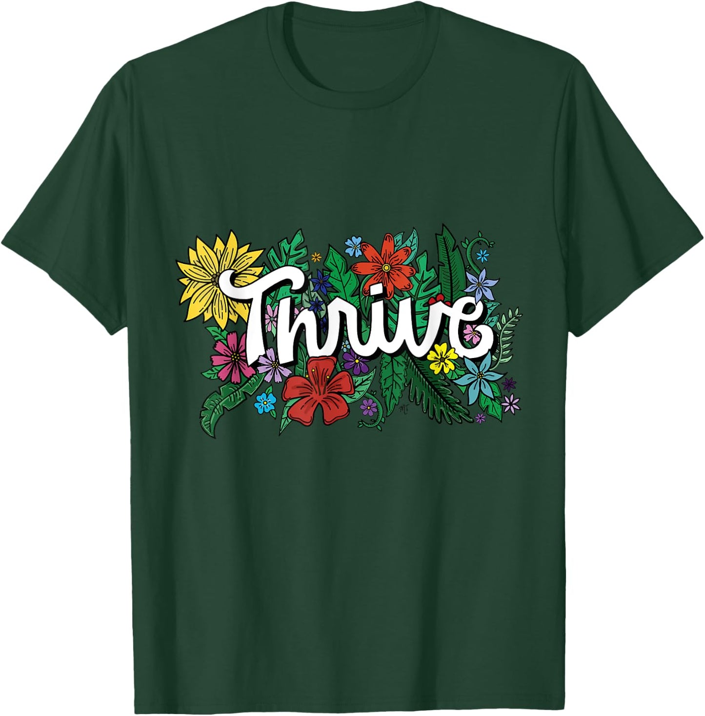 Thrive Retro Flowers Illustrated Design Graphic T Shirt T-Shirt - T-Shirt | Forest