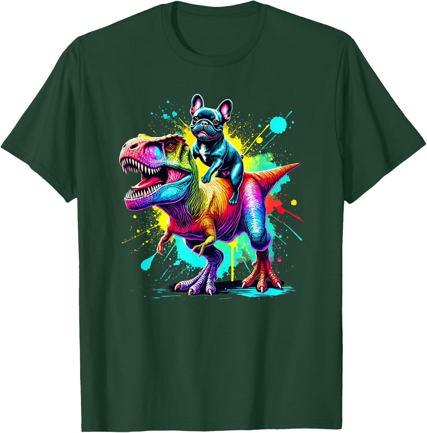 Splash Art Dinosaur T-Rex French Bulldog Frenchie T-Shirt - T-Shirt | Forest