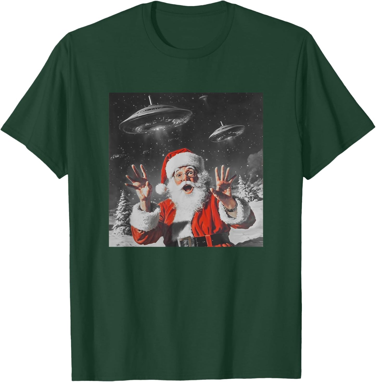 Santa Claus Selfie with UFOs Weird Print Graphic Space Funny T-Shirt - T-Shirt | Forest