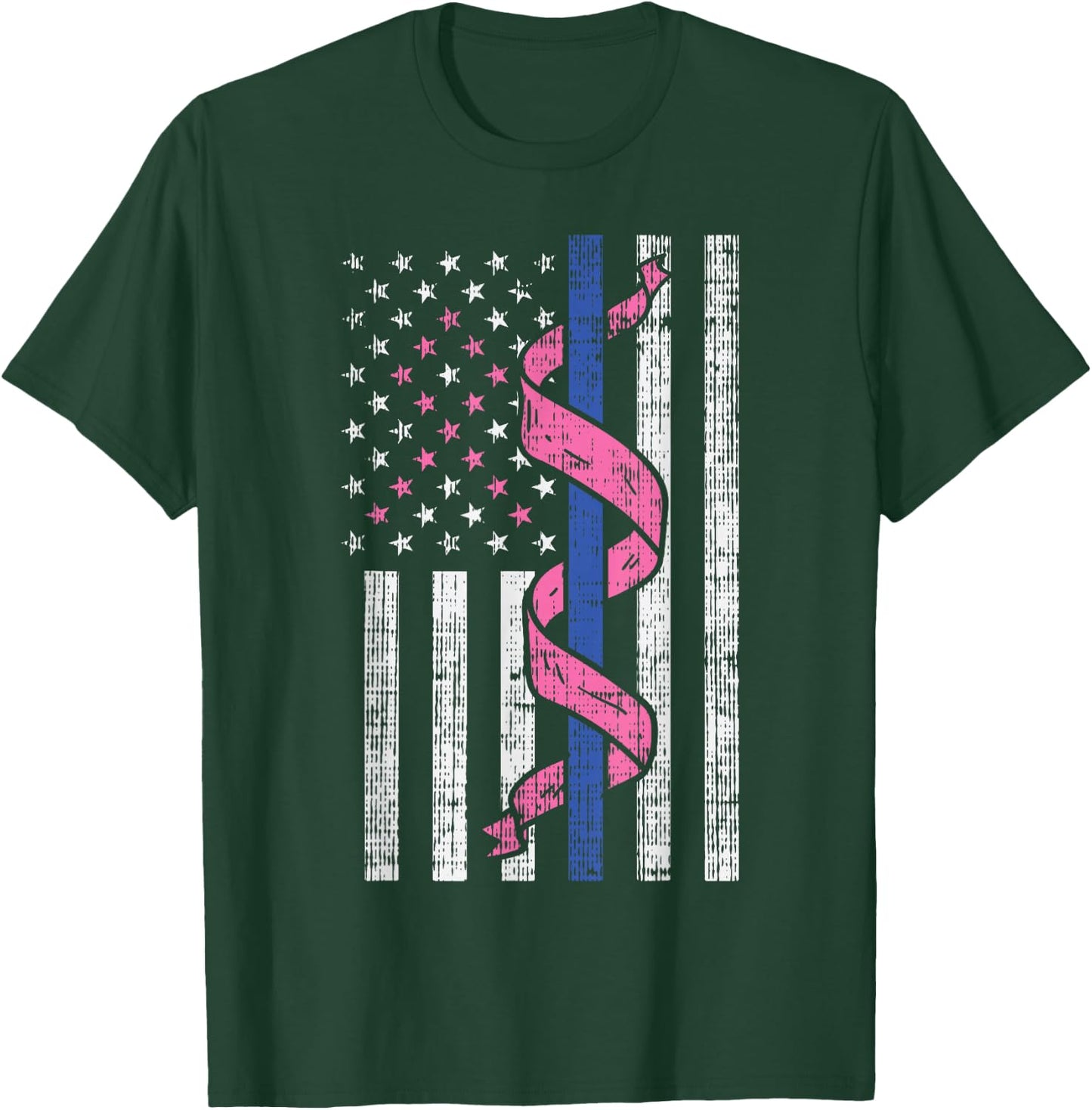 Blue Line Police US Flag Pink Ribbon Breast Cancer Awareness T-Shirt - T-Shirt | Forest