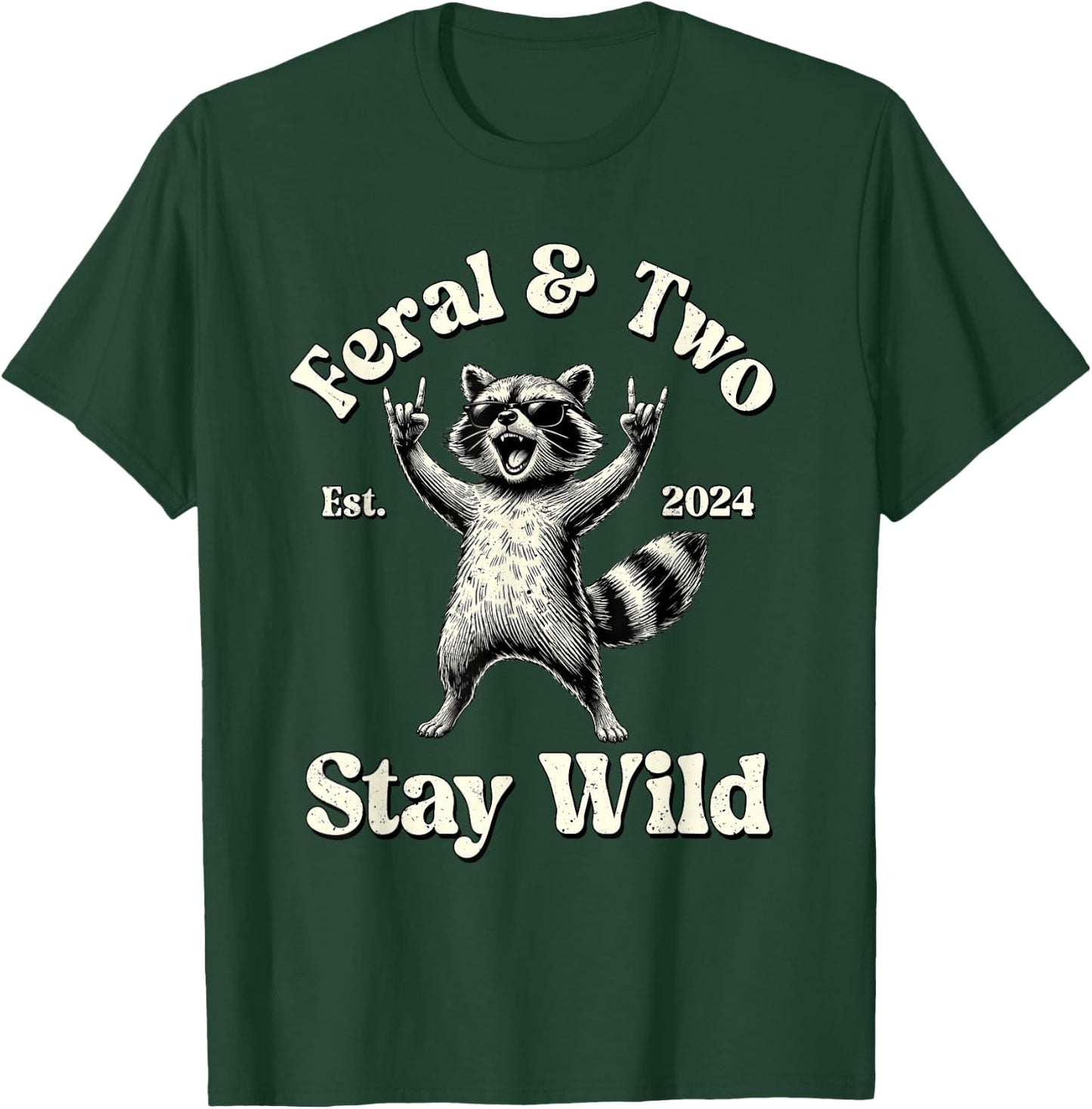 Feral & Two Est 2024 Stay Wild Raccoon 2nd Birthday Boy T-Shirt - T-Shirt | Forest