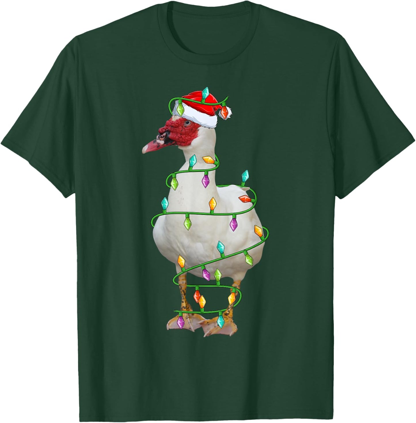 Xmas Lights Santa Hat Muscovy Duck Bird Christmas T-Shirt - T-Shirt | Forest