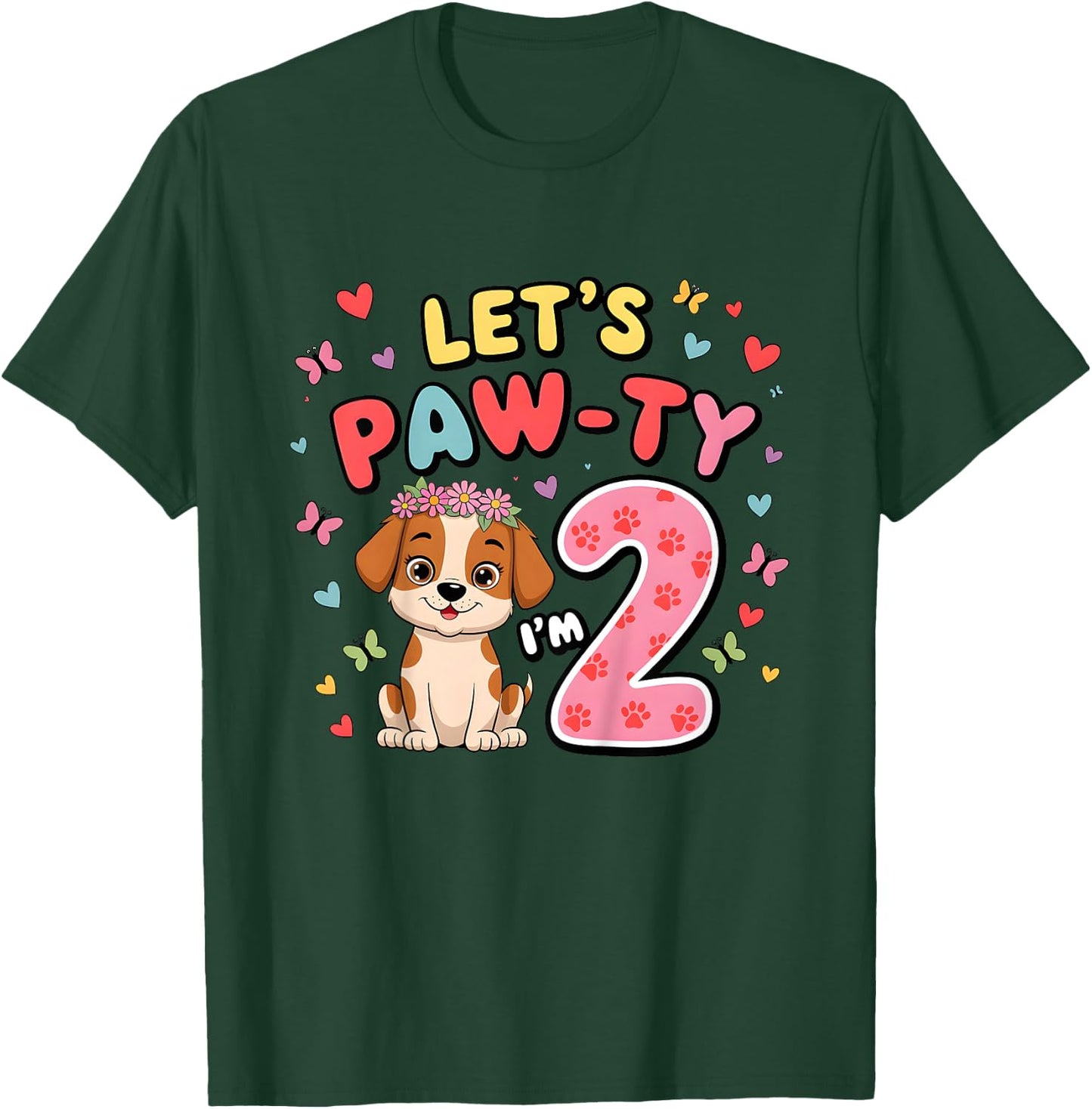 Let's Paw-ty 2th Birthday Girl Dog Puppy Lover 2 Years Old T-Shirt - T-Shirt | Forest