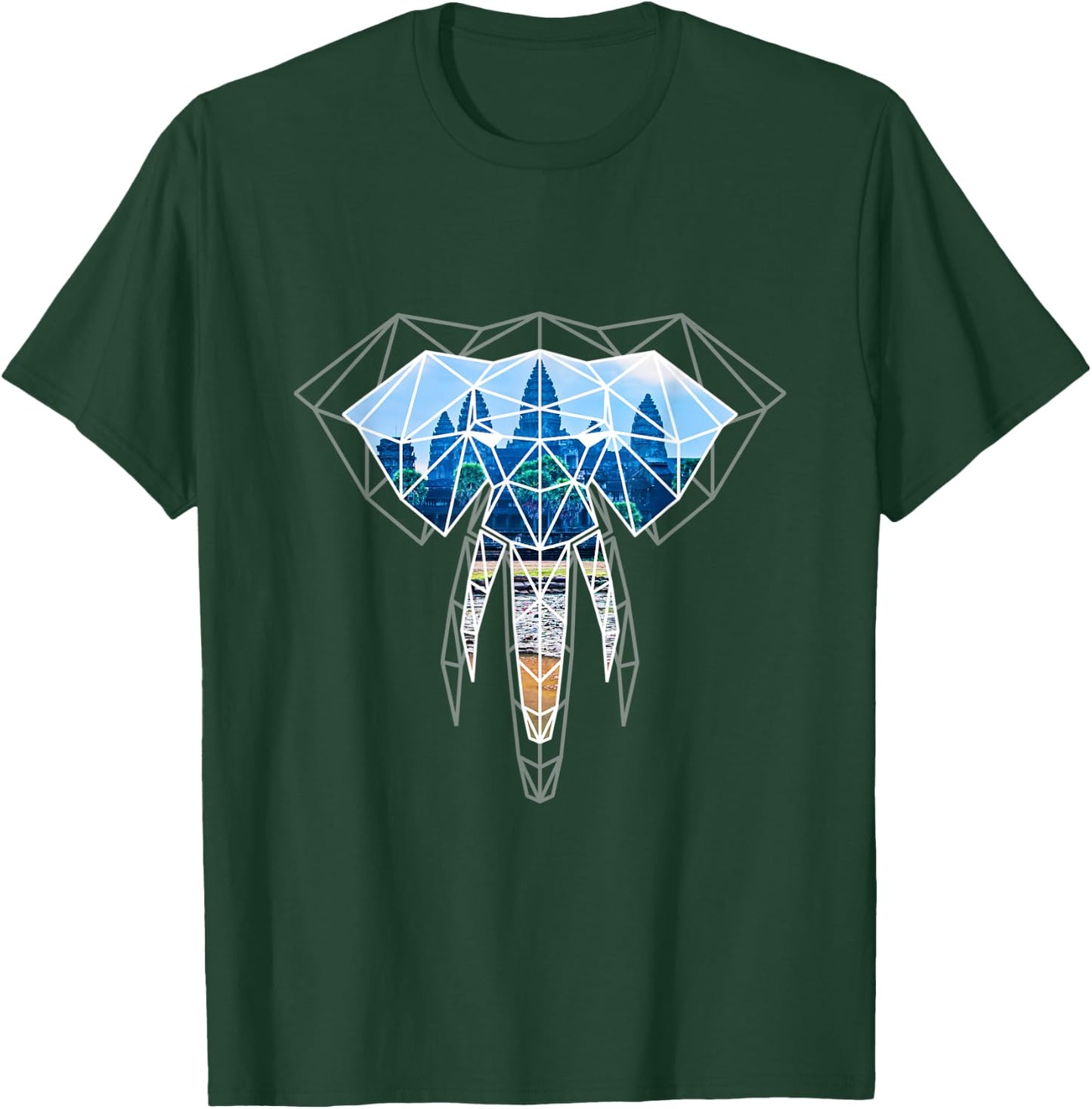 Cambodia Elephant Angkor Geometric Origami Graphic T-Shirt - T-Shirt | Forest