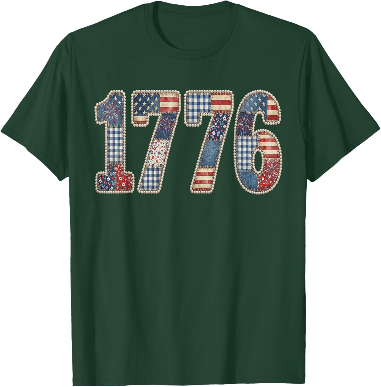 1776 Patchwork USA Vintage Patriotic American Independence T-Shirt - T-Shirt | Forest