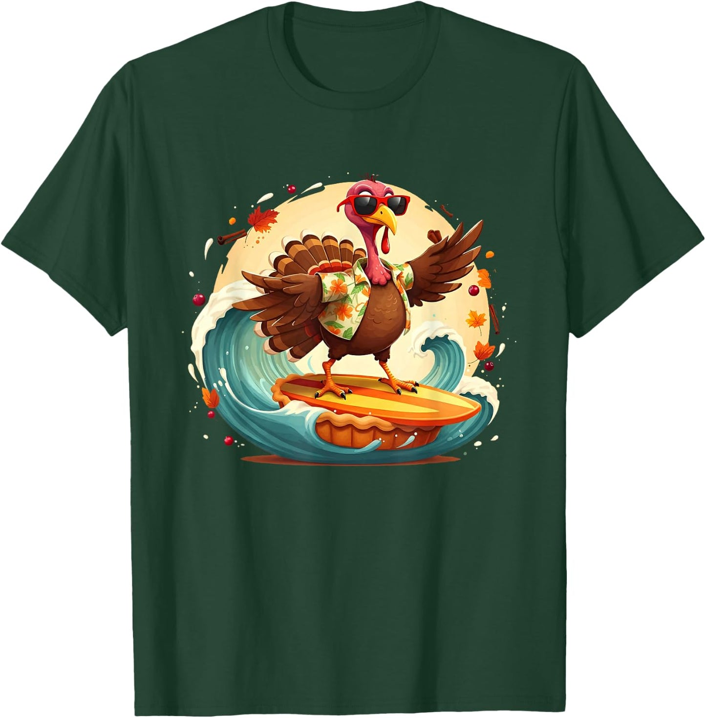 Funny Surf Hawaiian Turkey Surfing Pumpkin Pie Thanksgiving T-Shirt - T-Shirt | Forest