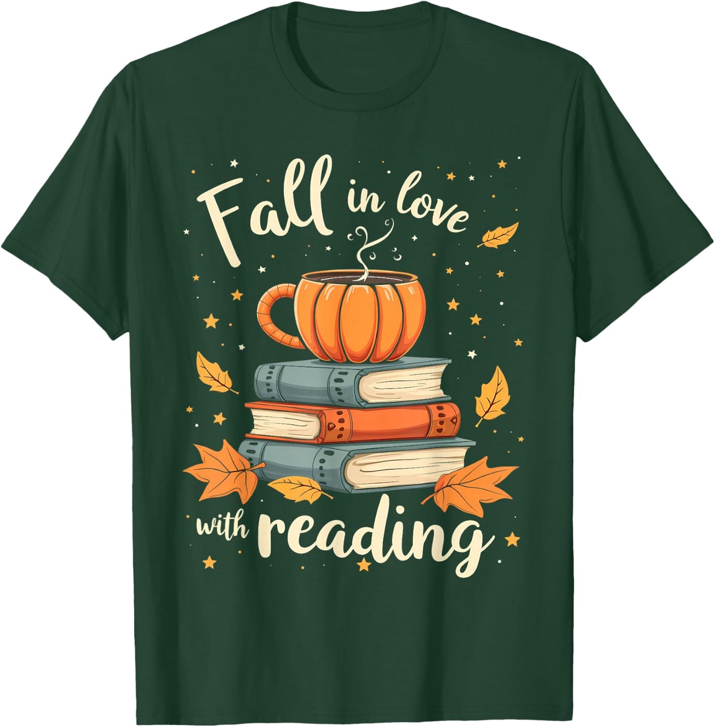 Fall In Love With Reading Book Autumn Pumpkins And Teachers T-Shirt - T-Shirt | Forest