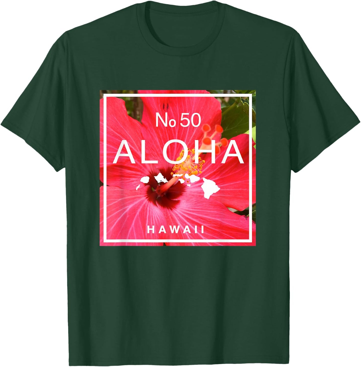 Hawaii Aloha No. 50 Red Hibiscus & Hawaiian Island Map T-Shirt - T-Shirt | Forest
