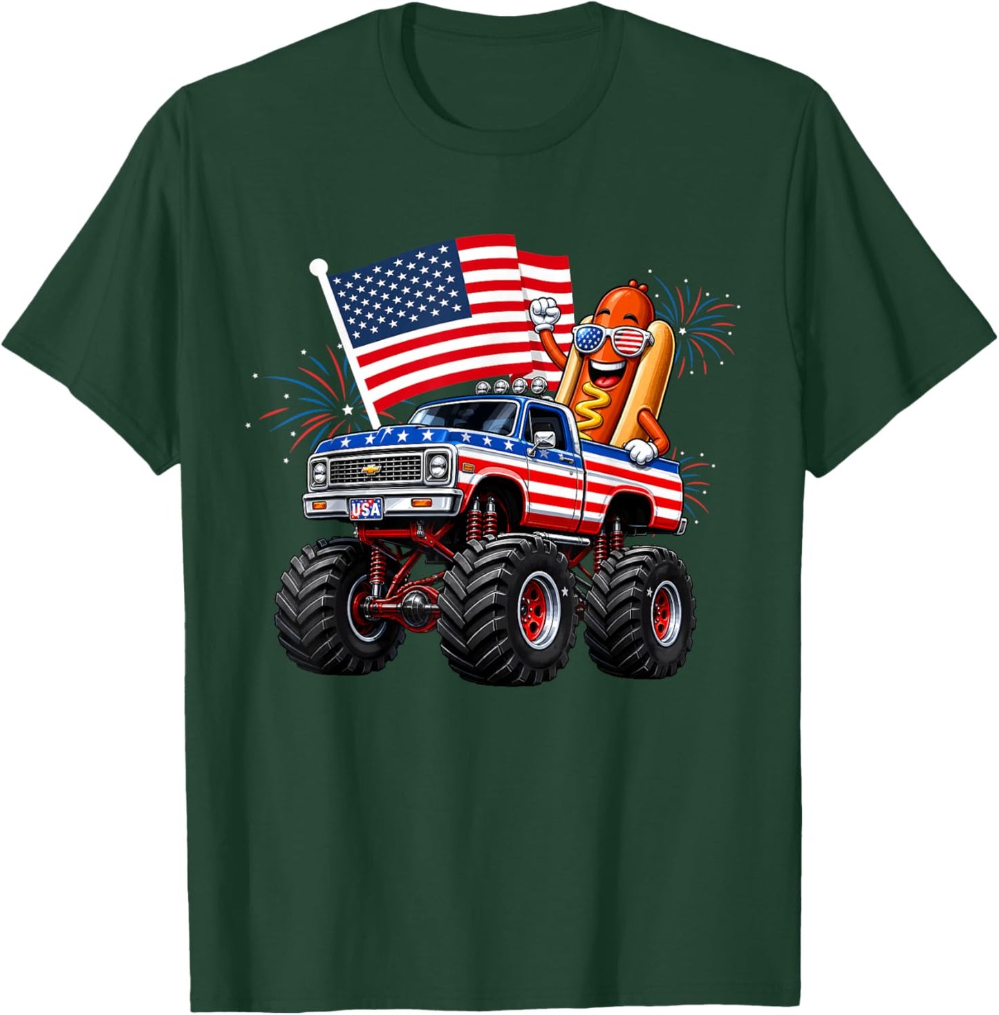 Monster Truck Hotdog 4th of July USA American Flag Men Boys T-Shirt - T-Shirt | Forest