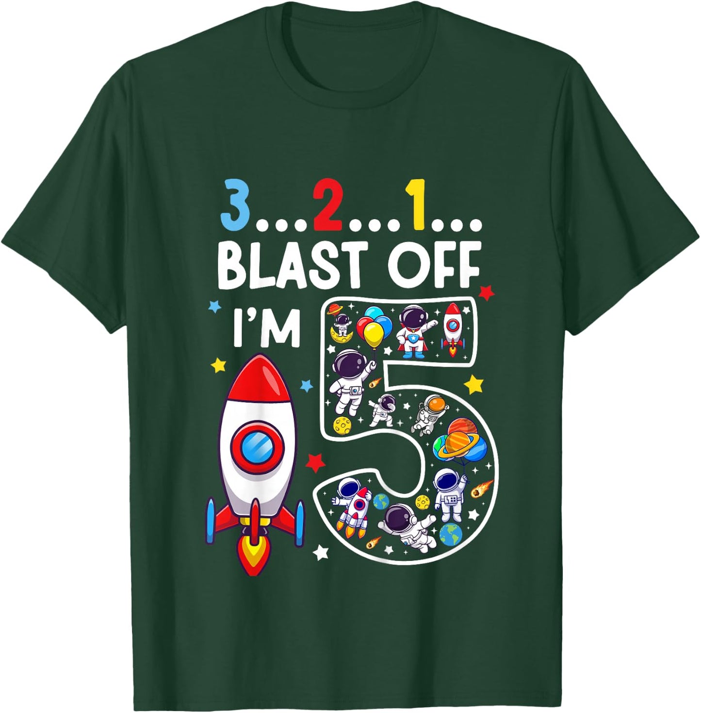 Kids 5 Year Old Astronaut Outer Space Birthday 5th Birthday Boys T-Shirt - T-Shirt | Forest