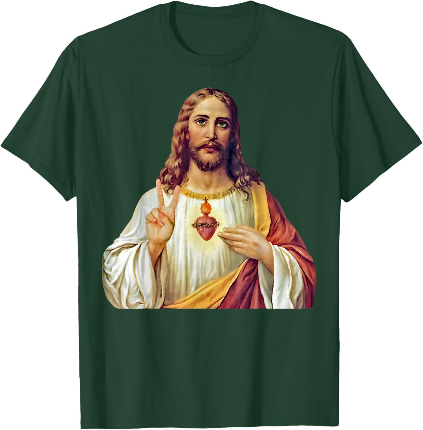 Jesus Christ Sacred Heart Peace Sign Portrait T-Shirt - T-Shirt | Forest