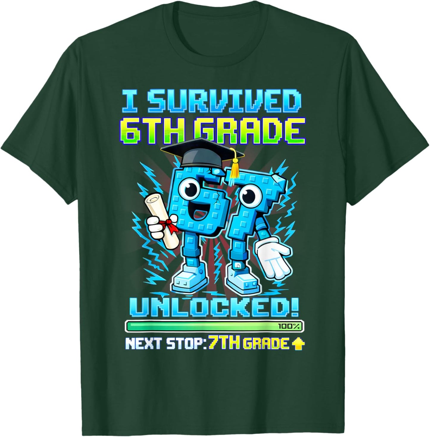 I Survived 6th Grade Unlocked Brithday Boy Brainrot Gift Kid T-Shirt - T-Shirt | Forest