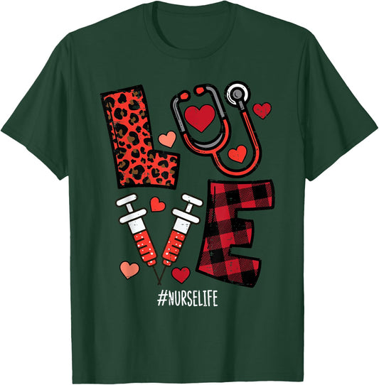Valentines Day Leopard Plaid Nurse Nursing Scrub Top Women T-Shirt - T-Shirt | Forest