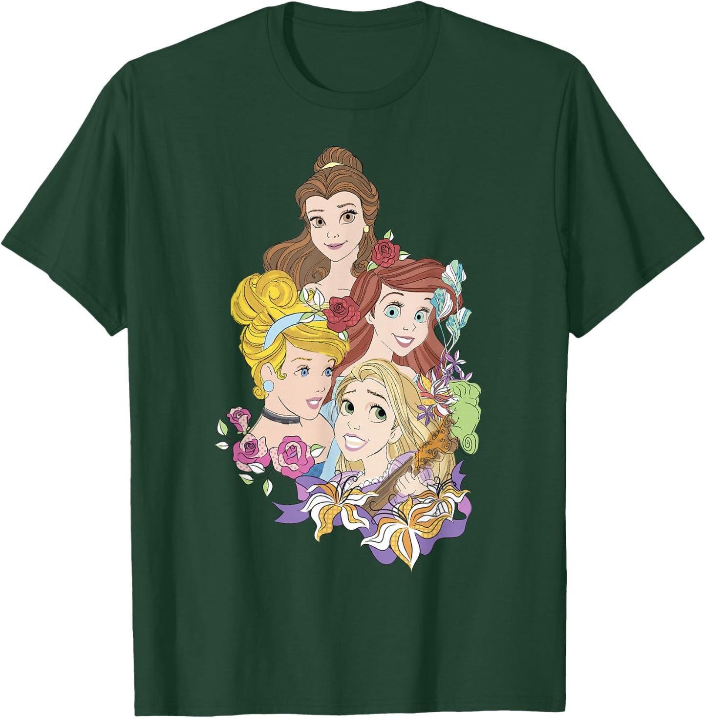 Disney Princess Floral Belle Cinderella Ariel Rapunzel T-Shirt - T-Shirt | Forest