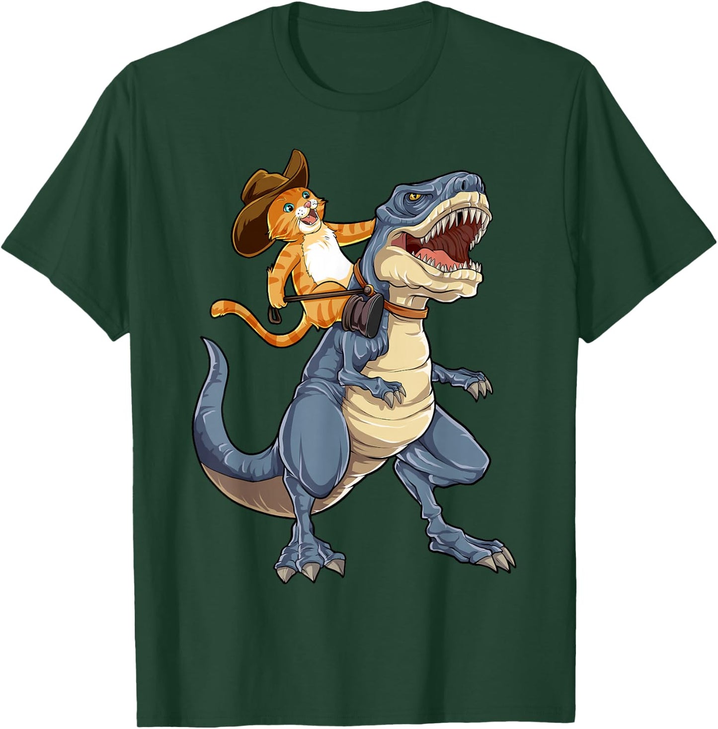 Feline Pawsitive Cat Co Kids Cat Riding Dinosaur T Rex Funny Purrassic Kitty Kitten Lover T-Shirt - T-Shirt | Forest
