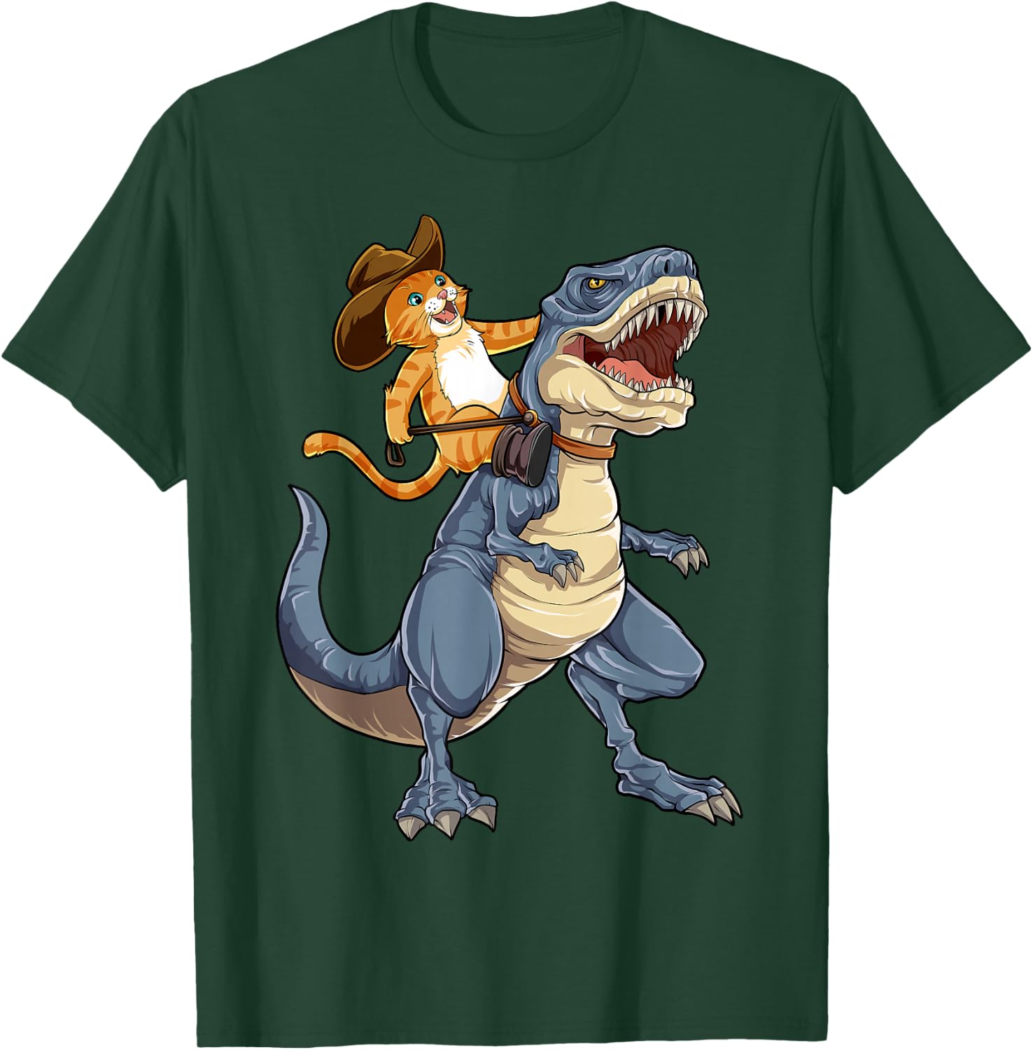 Feline Pawsitive Cat Co Kids Cat Riding Dinosaur T Rex Funny Purrassic Kitty Kitten Lover T-Shirt - T-Shirt | Forest