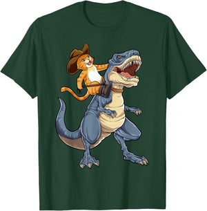 Feline Pawsitive Cat Co Kids Cat Riding Dinosaur T Rex Funny Purrassic Kitty Kitten Lover T-Shirt - T-Shirt | Forest