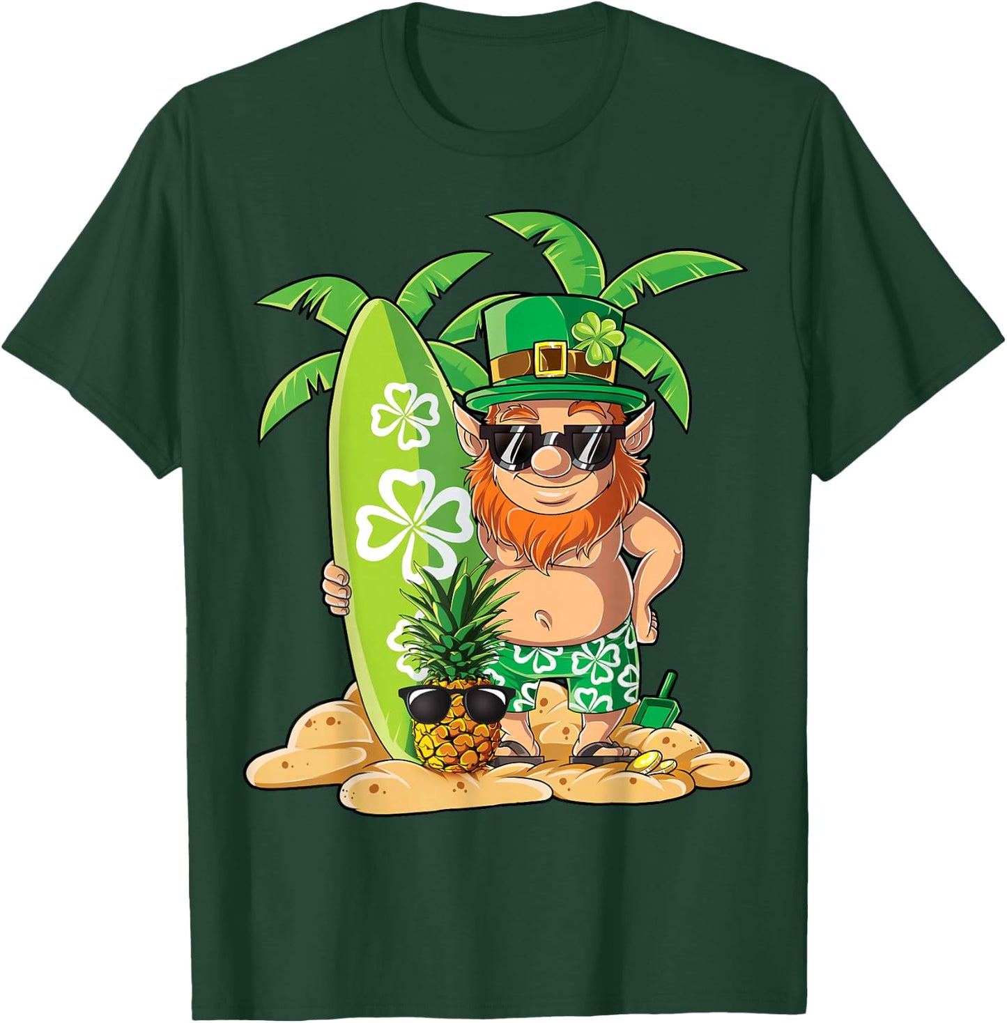 Leprechaun Hawaiian Surfing St Patricks Day Hawaii Men Women T-Shirt - T-Shirt | Forest