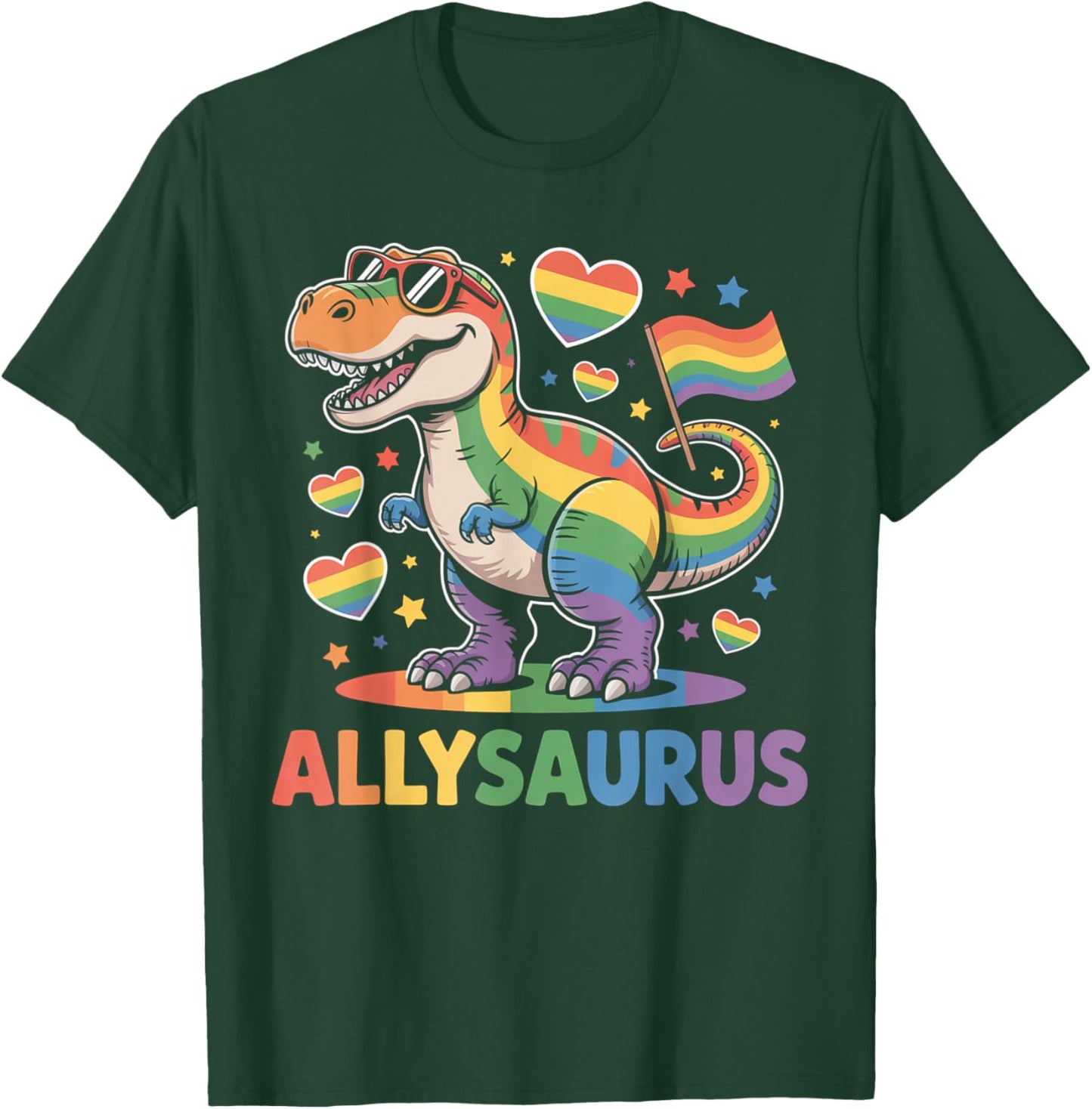 Allysaurus Dinosaur LGBTQ Ally Pride Support Rainbow Flag T-Shirt - T-Shirt | Forest