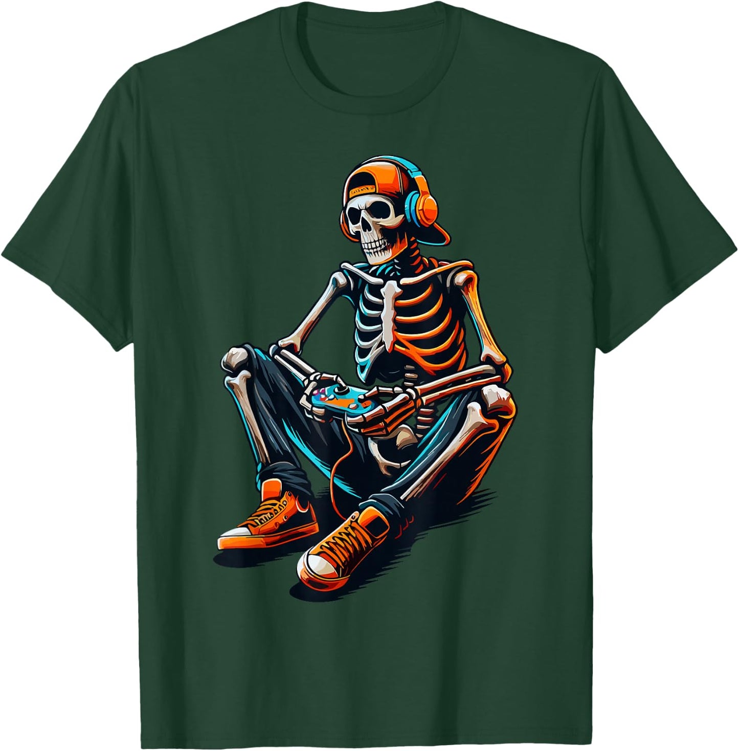 Halloween Skeleton Gamer Video Gaming T-Shirt - T-Shirt | Forest