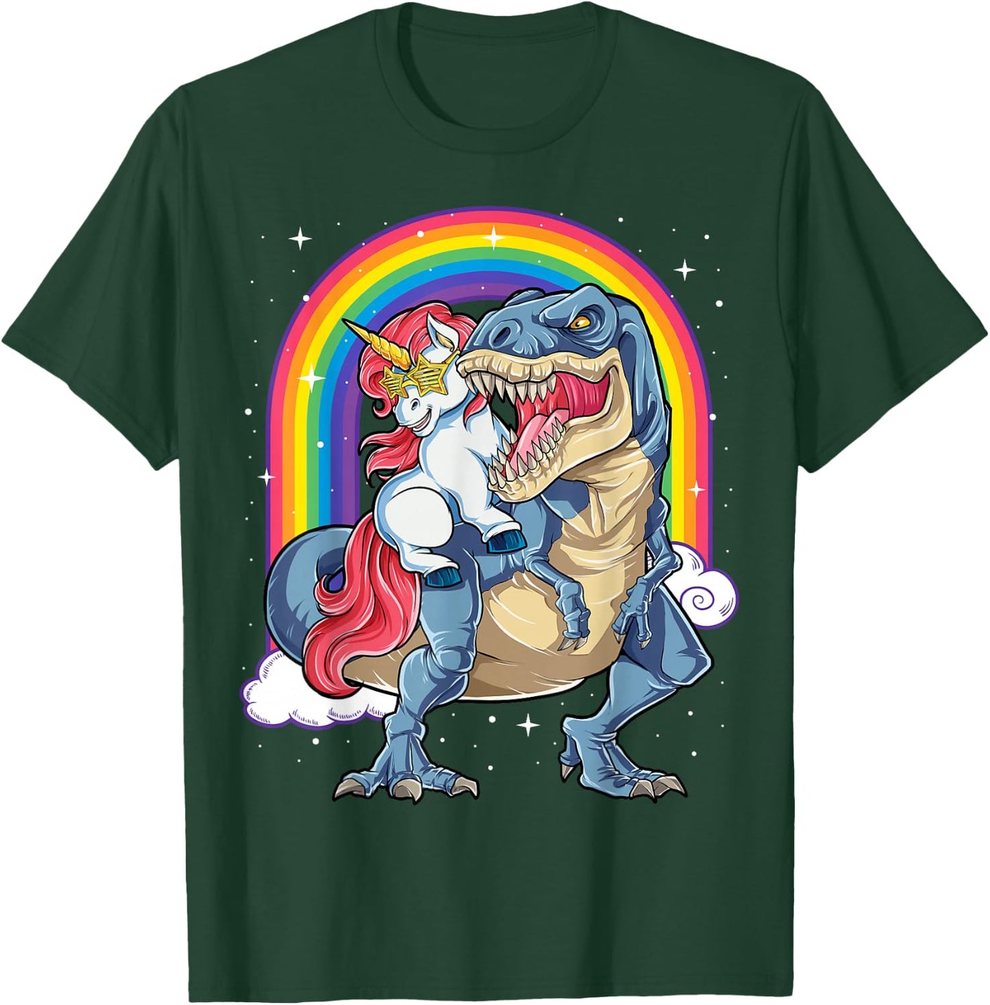 Unicorn Riding T rex Dinosaur Boys Girls Men Women Rainbow T-Shirt - T-Shirt | Forest
