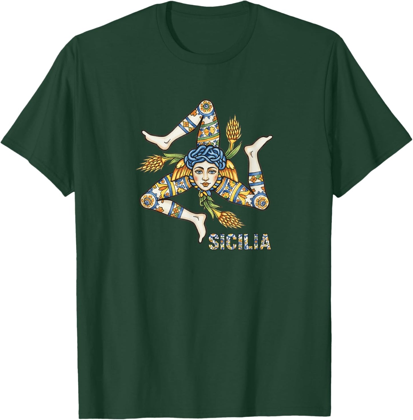 Sicilian Trinacria Emblem, Italian Majolica Sicily Pride T-Shirt - T-Shirt | Forest