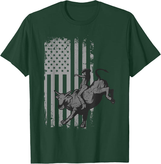 Vintage American Flag Bucking Bull Riding Patriotism Rodeo Small T-Shirt - T-Shirt | Forest