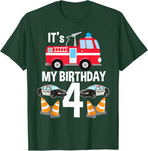 It's My Birthday Fire Truck Police Car 4th Birthday T-Shirt - T-Shirt | Forest