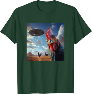 Chicken Hum Selfie with UFOs Weird Print Graphic Space Funny T-Shirt - T-Shirt | Forest
